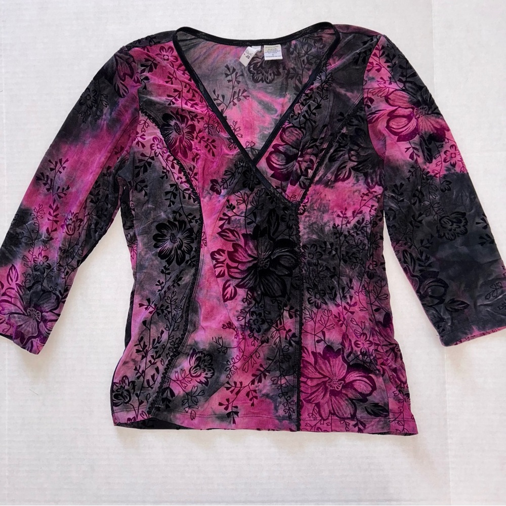 Sami & Jo Y2K Whimsigoth Pink and Black Floral Blouse